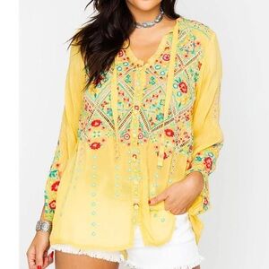 Johnny Was Arges Embroidered Georgette Blouse Women’s Small Yellow